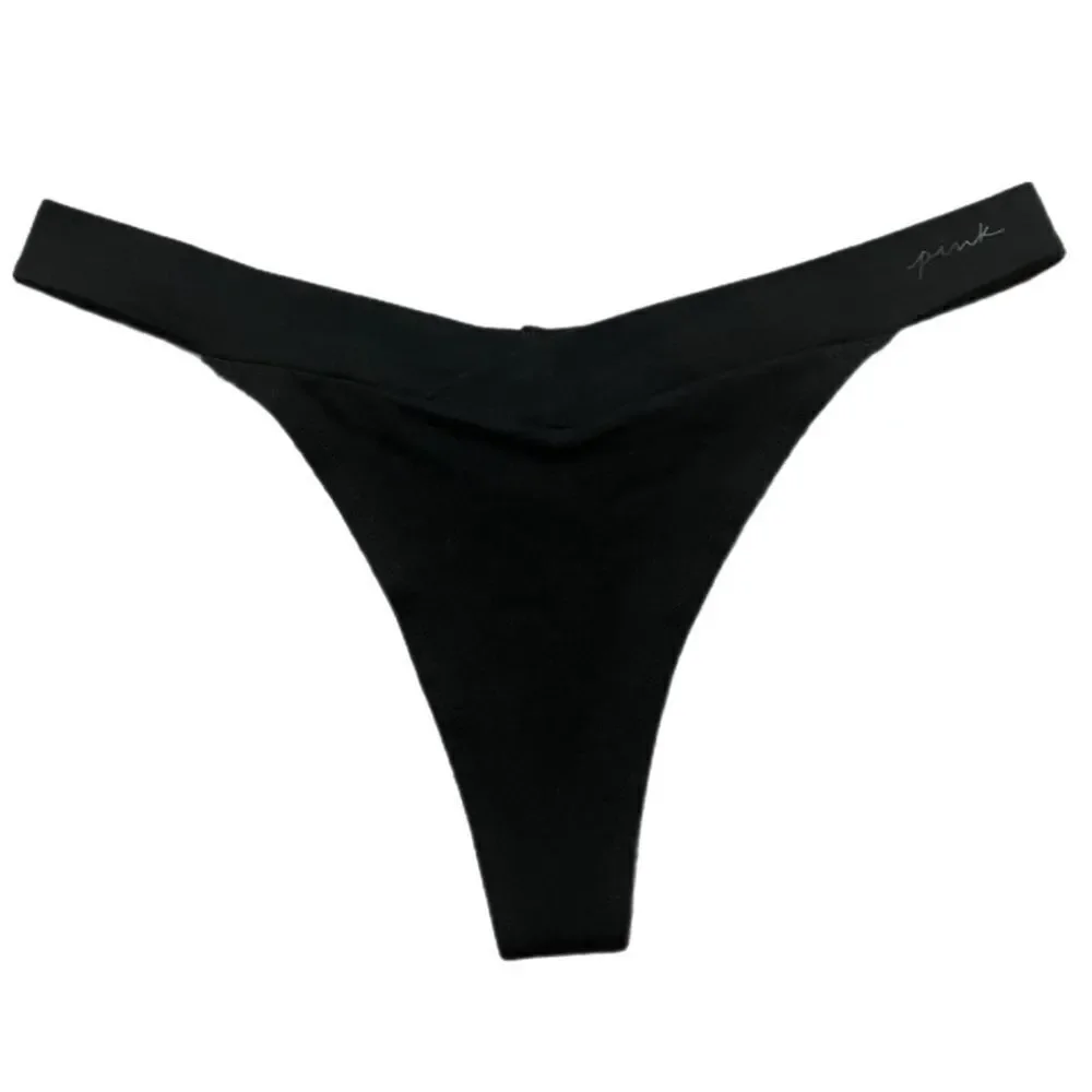 Victorias Secret Pink Soft Cotton Thong Panty Script Logo Black